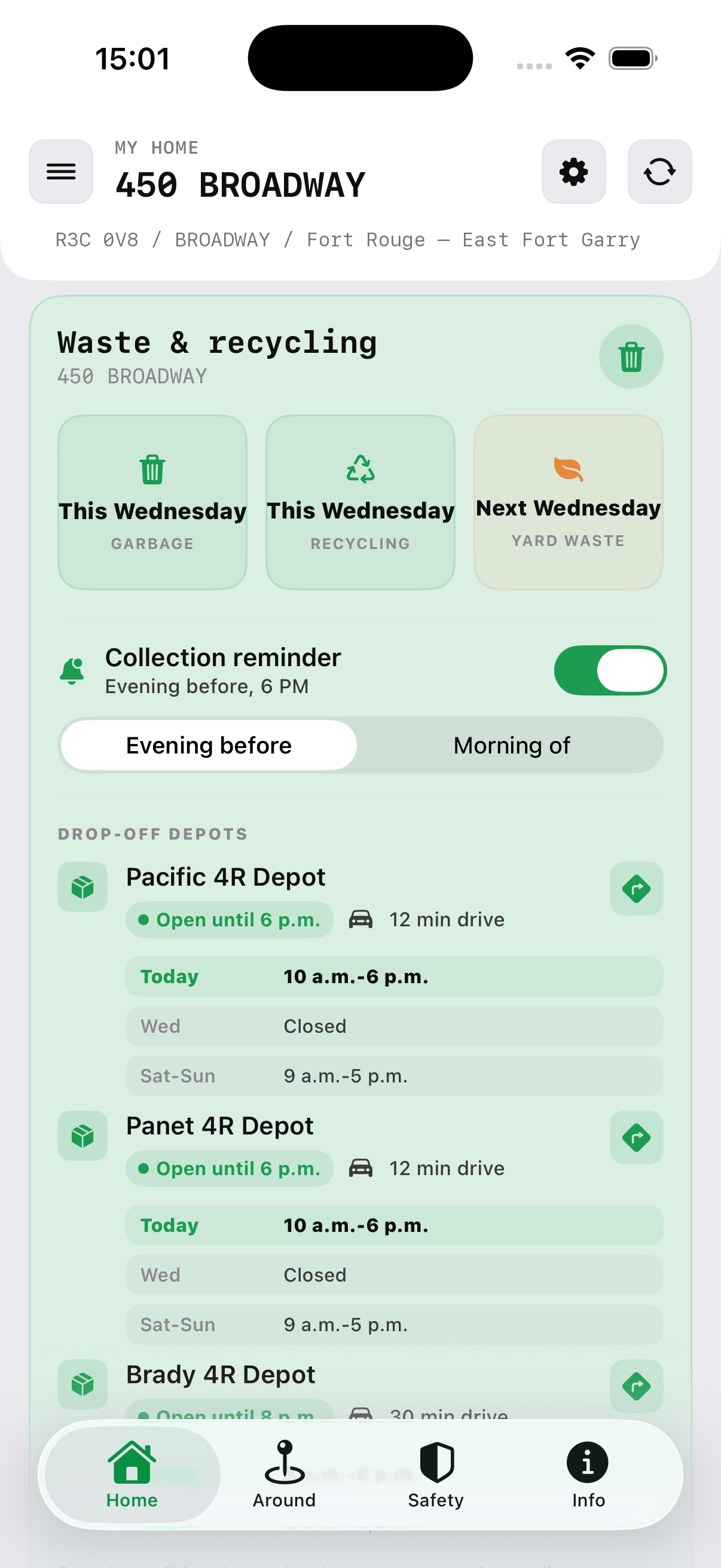 MyHata home screen for 450 Broadway, Winnipeg — waste pickup, snow bans and drop-off depots