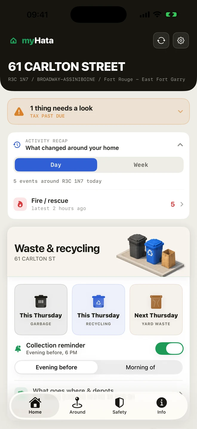 The myHata Home tab: the verdict banner, the day's activity recap and the waste & recycling card with collection days.