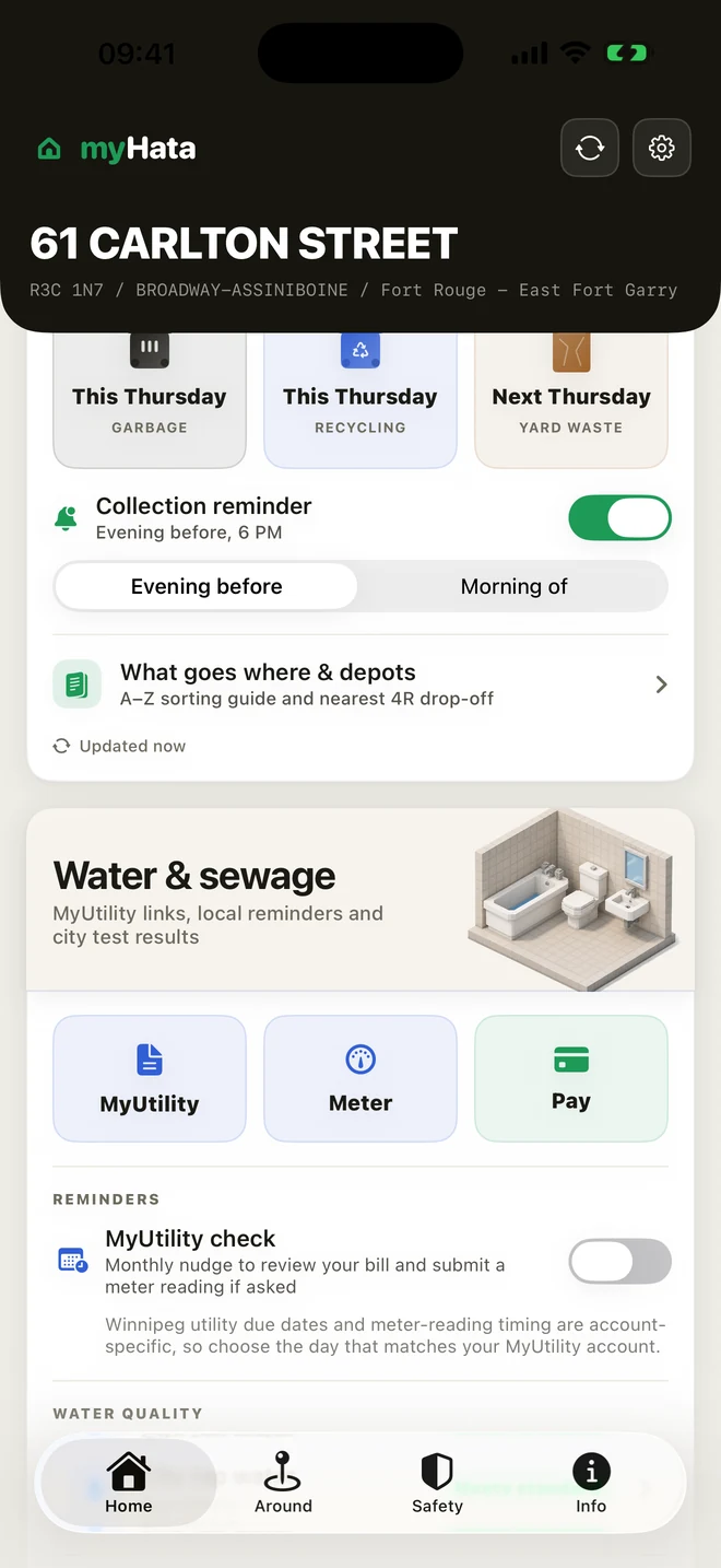 Home tab: garbage, recycling and yard-waste collection days with the reminder switch.